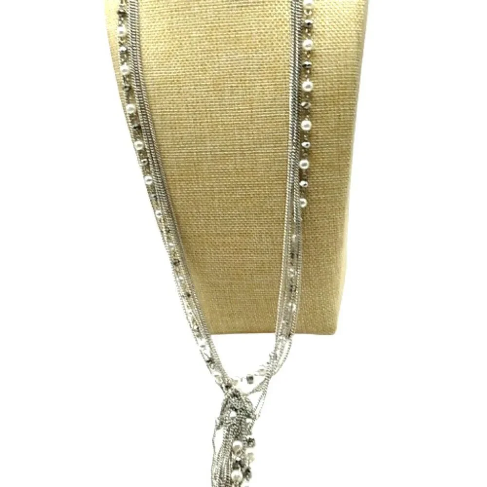 Faux Pearl Crystal Necklace Beaded Multi-Strand Layered Tassel Silver-tone Chain